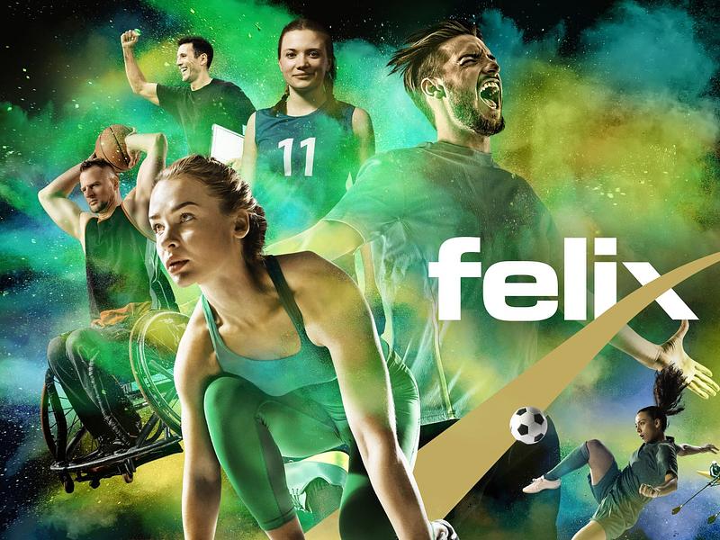 Keyvisual der Veranstaltung. Sportlerinnen und Sportler verschiedenster Sportarten posieren rund um das Logo des felix awards.